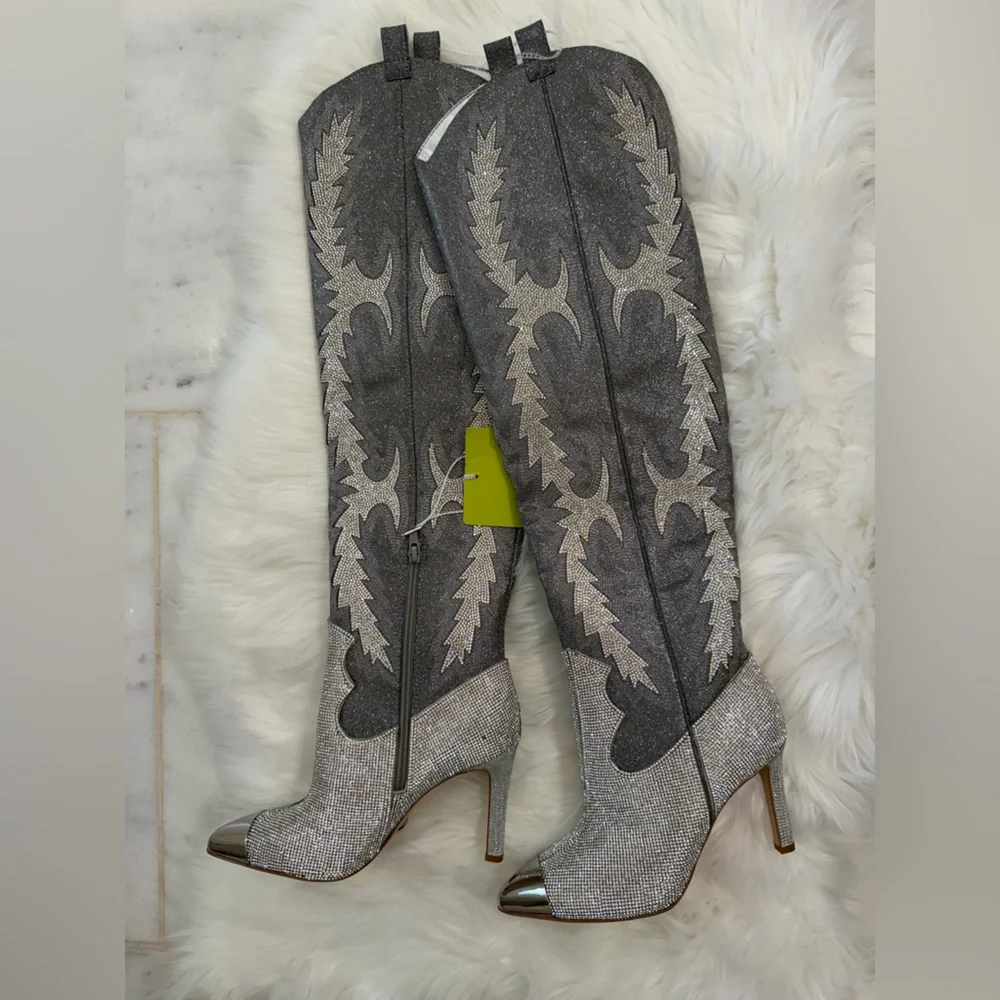 Gianni Bini Katyanna Rhinestone OTK Boots Silver NWT